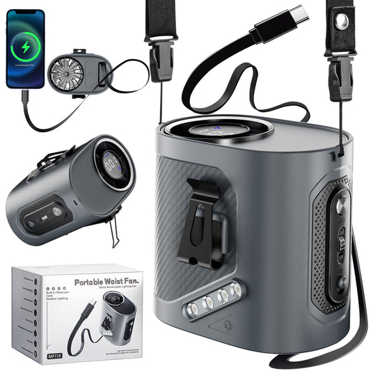 Portable Waist Fan Clip on - Wearable Belt Personal Fans, Hands Free Air Cooler of Neck/Shirt, 100 Speed|Flashlight Rechargeable, Built in Type-C Cable, for Outdoor Job Camping Travel Essentials Gift