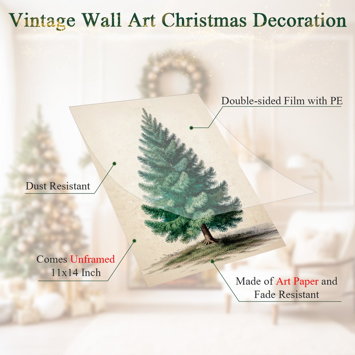 ECGER Christmas Decorations Vintage Wall Art - PineTree Retro Print Winter Decor, Holiday Forest Art Pictures Decoration for Home, Living Room, Office