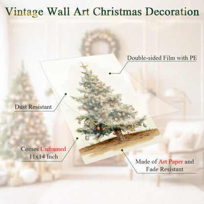 ECGER Christmas Decorations Vintage Wall Art - PineTree Retro Print Winter Decor, Holiday Forest Art Pictures Decoration for Home, Living Room, Office