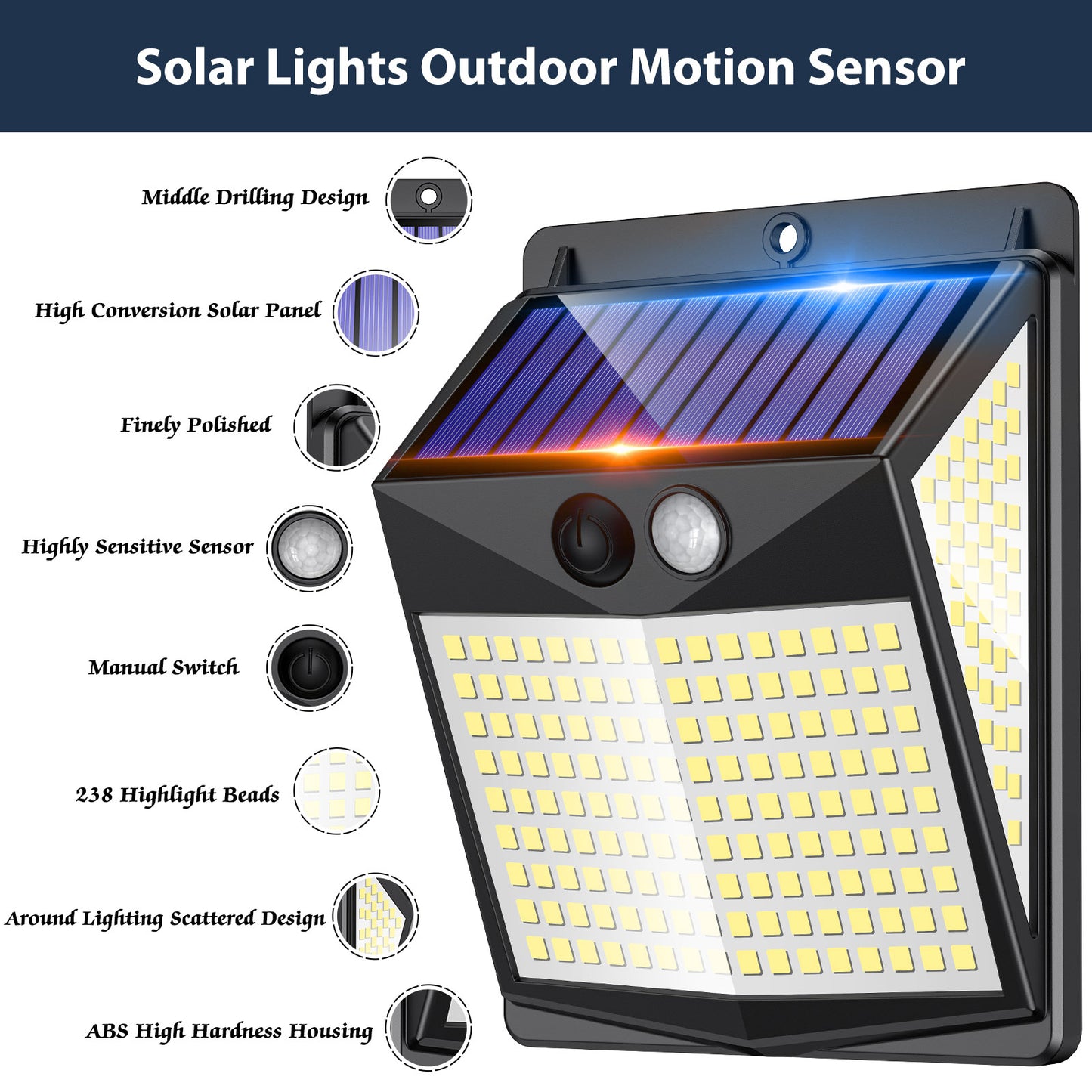 Solar Lights Outdoor Motion Sensor - Solar Motion Detector Lamps for Outside, 238 LED with 300° Angle Illumination and 3 Lighting Modes, IP65 Waterproof Solar-Powered for Garden, Patio, Yard