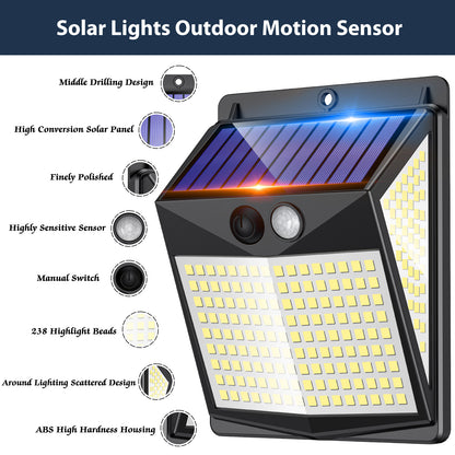 Solar Lights Outdoor Motion Sensor - Solar Motion Detector Lamps for Outside, 238 LED with 300° Angle Illumination and 3 Lighting Modes, IP65 Waterproof Solar-Powered for Garden, Patio, Yard
