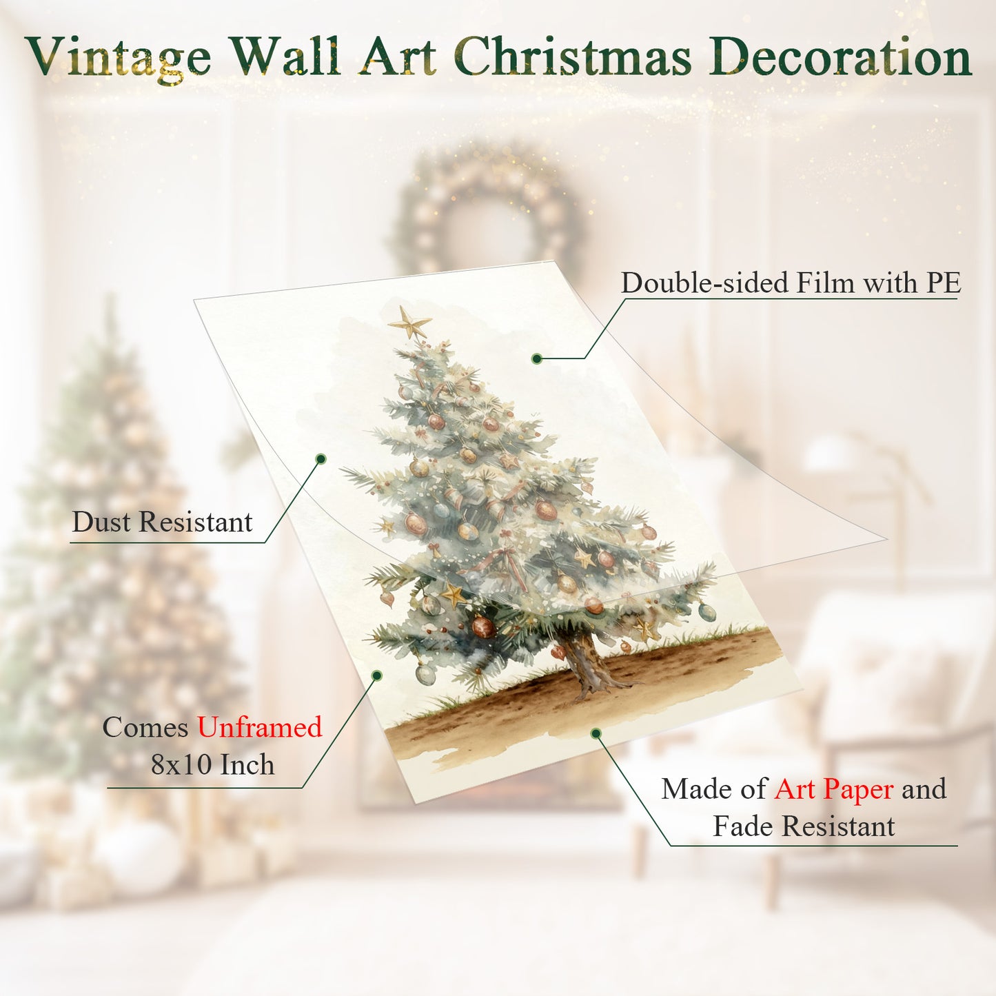 ECGER Christmas Decorations Vintage Wall Art - PineTree Retro Print Winter Decor, Holiday Forest Art Pictures Decoration for Home, Living Room, Office