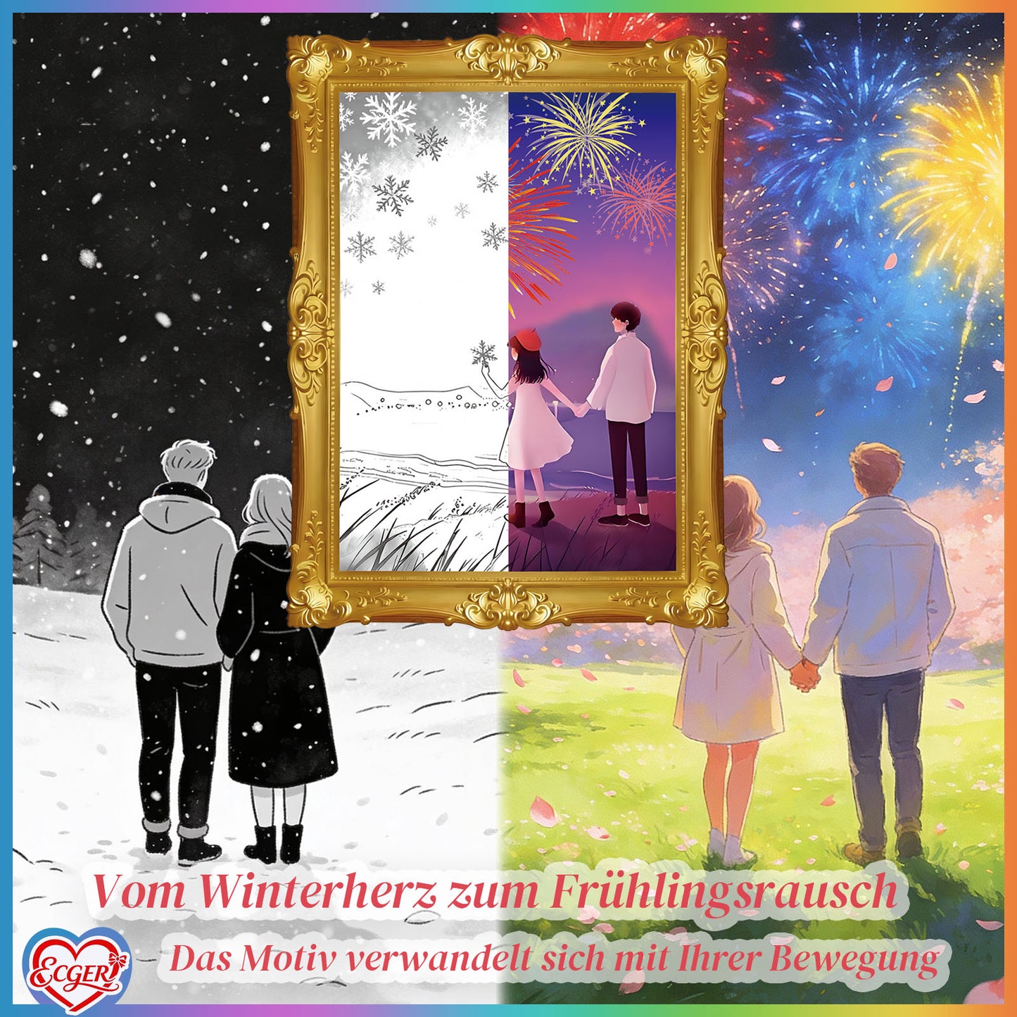 ECGER Valentine 's Day Decor Wall Art - 3D Changing Pictures, Our Love from Winter's Quiet to Spring's Renewal, Valentine Decorations for Home Party