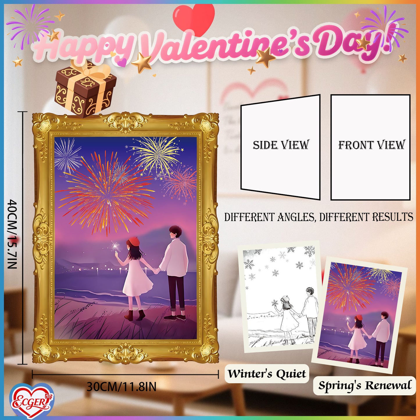 ECGER Valentine 's Day Decor Wall Art - 3D Changing Pictures, Our Love from Winter's Quiet to Spring's Renewal, Valentine Decorations for Home Party